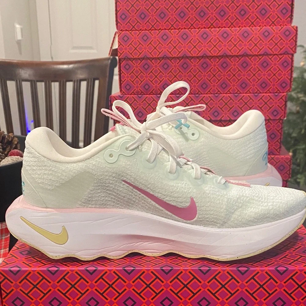 White/Pastel Green and Pink Athletic Sneakers - Picture 6 of 7